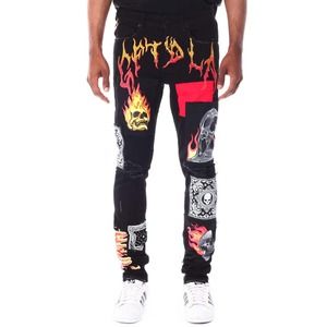 GFTD LA Los Angeles Men's Skinny Fit Panel Patch Fire Skull Distressed Rip Jeans